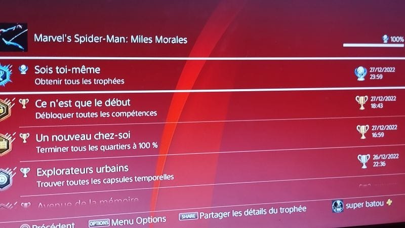 Trophée Marvel spider-man: miles morales PS4