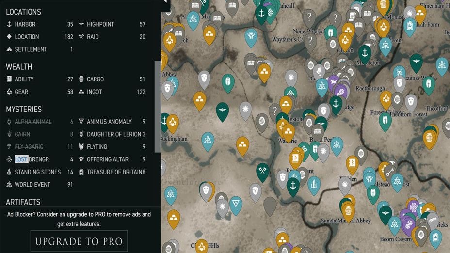 Carte interactive AC Valhalla Armures, armes et lingots en détails sur une seule map