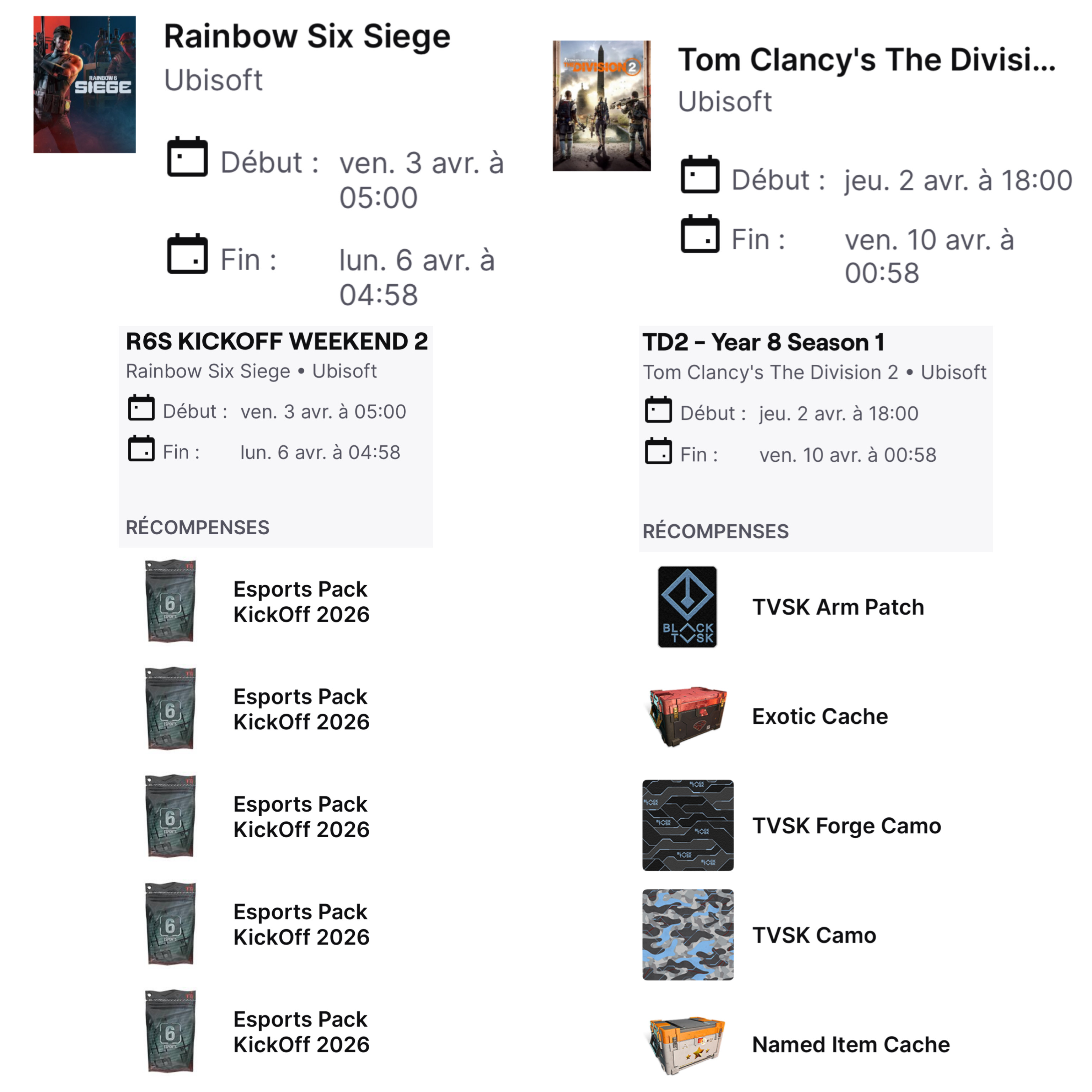 Drops Ranbow 6 Siège & TC The Division 2