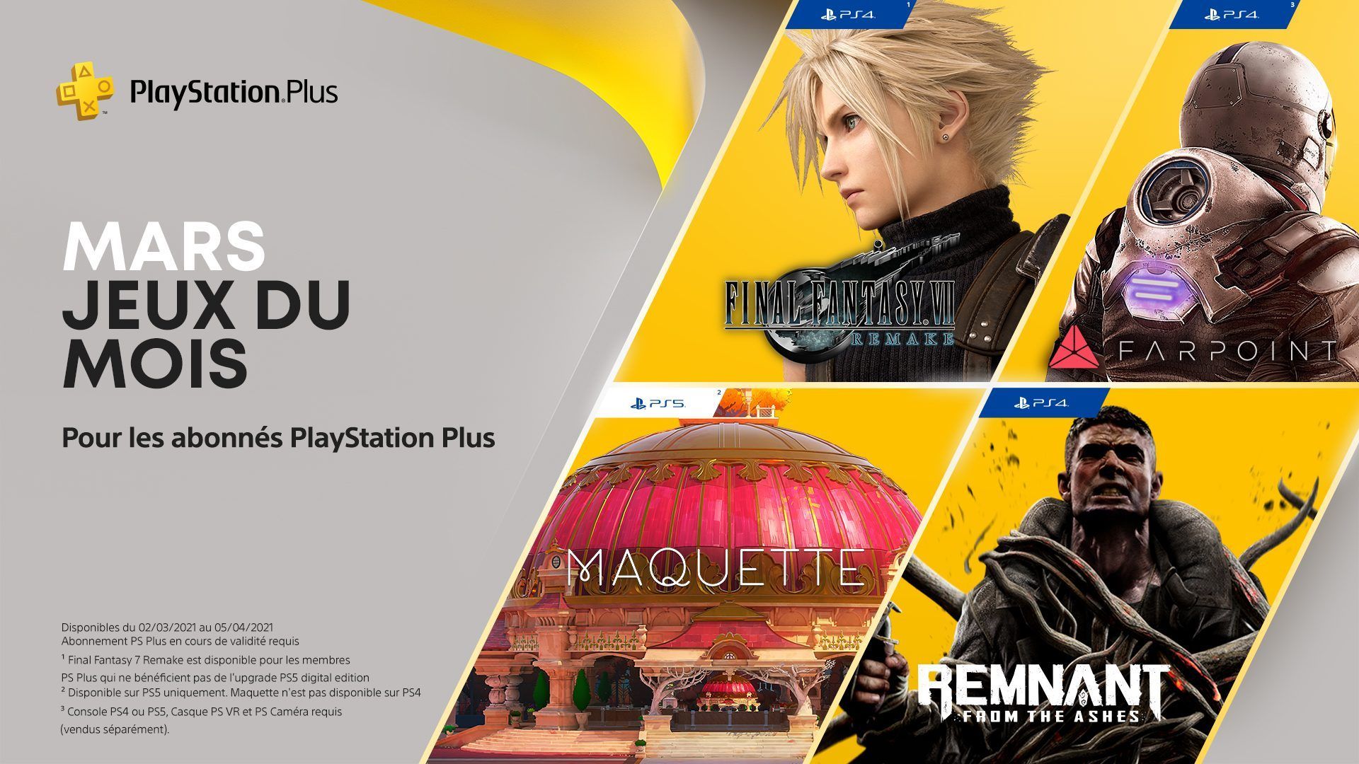 Les jeux PlayStation Plus du mois de mars : Final Fantasy VII Remake, Maquette, Remnant: From the Ashes et Farpoint