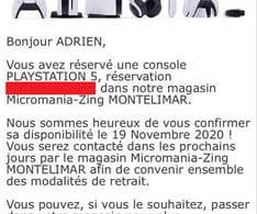 Mail confirmation pré-commande PS5
