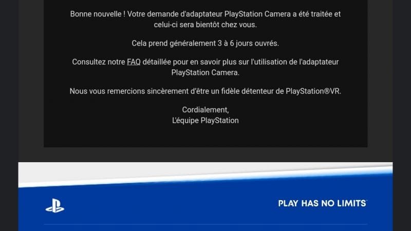 Expédition des adaptateurs PS VR