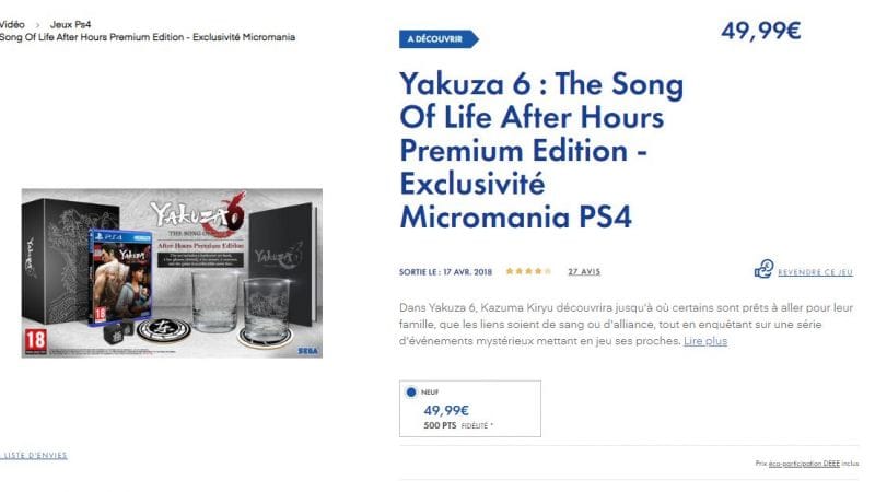 [PROMO] Yakuza 6 Prenium Edition à 50€