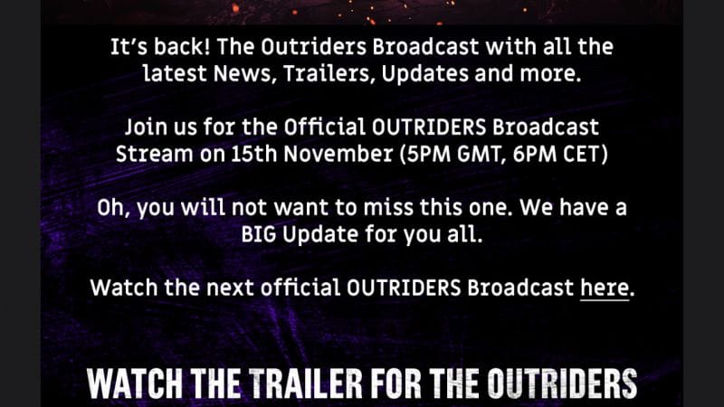 Outriders: Un nouveau broadcast le 15 novembre !