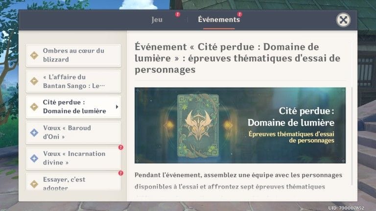 Genshin Impact, nouvel événement "Cité perdue, domaine de lumière" : notre guide complet