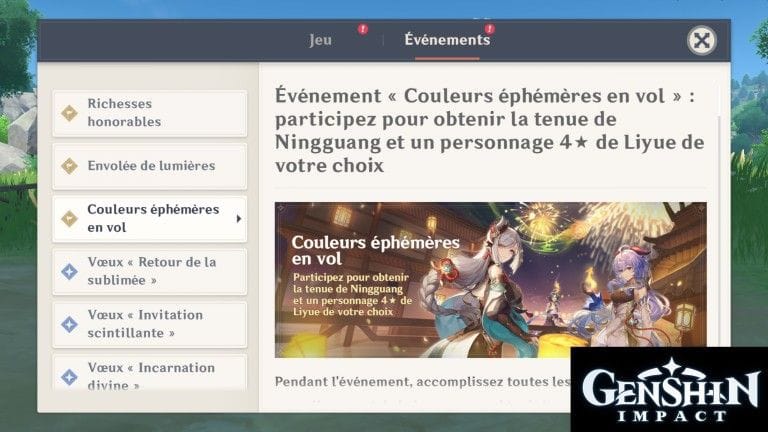 Genshin Impact, événement "Couleurs éphèmères en vol" : notre guide (Personnage gratuit à la clé)