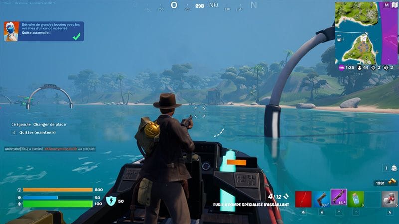 Détruire de grandes bouées avec les missiles d'un canot motorisé dans Fortnite, défi Eté au calme