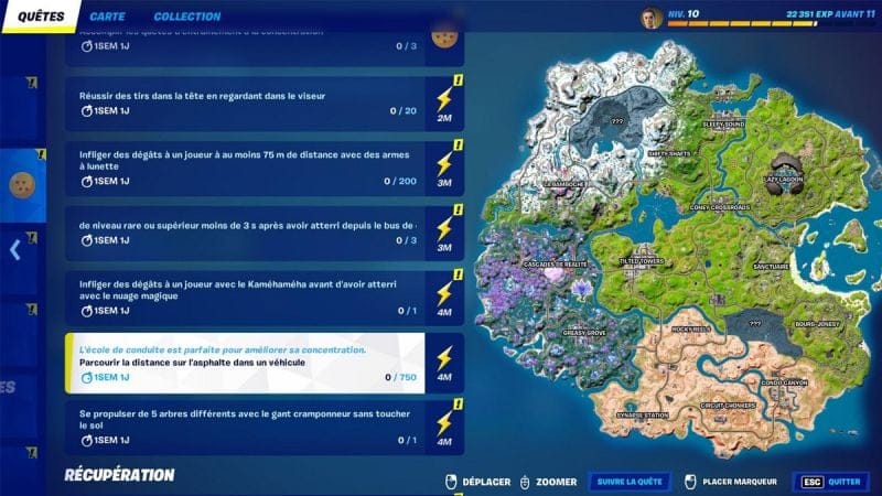 Parcourir la distance sur l'asphalte dans un véhicule dans Fortnite, défi Dragon Ball