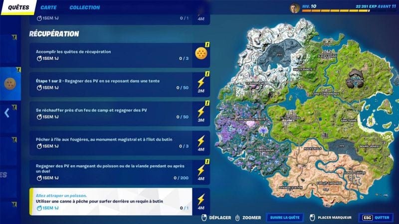 Utiliser une canne à pêche pour surfer derrière un requin à butin dans Fortnite, défi Dragon Ball