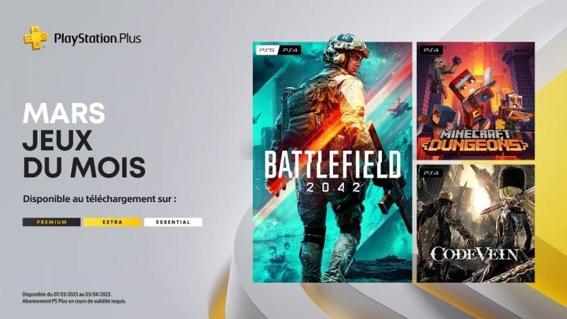 PlayStation Plus - Mars 2023 - Battlefield 2042, Minecraft Dungeons et Code Vein