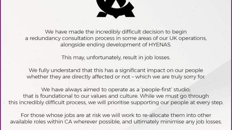 Suite à l’annulation de Hyenas, Creative Assembly devra faire face à des licenciements