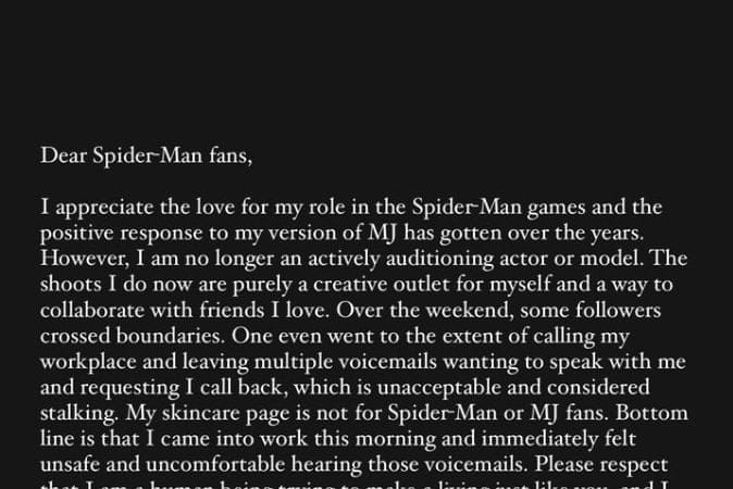 Le modèle de visage de Mary Jane dans les jeux Spider-Man dit que les fans la harcèlent.