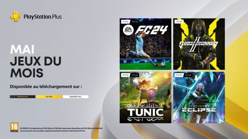 Les jeux du mois PlayStation Plus de mai     : EA Sports FC 24, Ghostrunner 2, Tunic, Destiny 2 : Éclipse