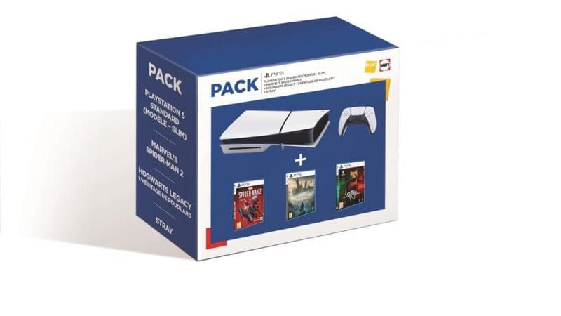 Pack Console Sony PS5 Standard modèle Slim Blanc et Noir + Marvel's Spider-Man 2 + Hogwarts Legacy L'héritage de Poudlard + Stray