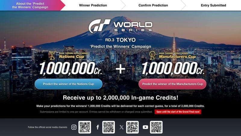 Gagnez jusqu'à 2 000 000 de crédits de jeu en participant à la campagne "Pronostic des vainqueurs" pour l'événement Gran Turismo World Series 2024 - Manche 3 - Tokyo ! - World Series - gran-turismo.com