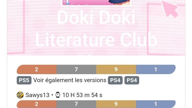 Platine 284 - Doki Doki Literature Club ps5 en 11h
