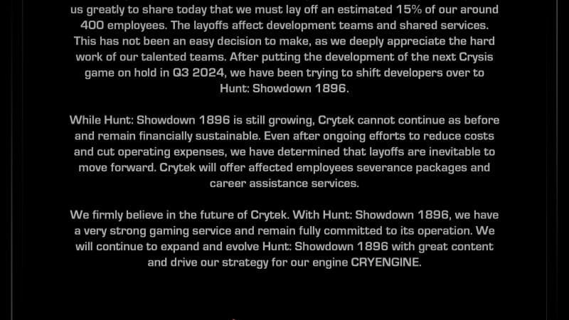 Crytek exécute une nouvelle série de licenciements et met Crysis 4 en grande difficulté.