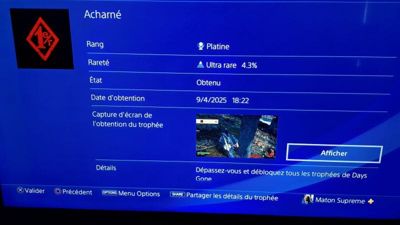 Trophée platine Days Gone