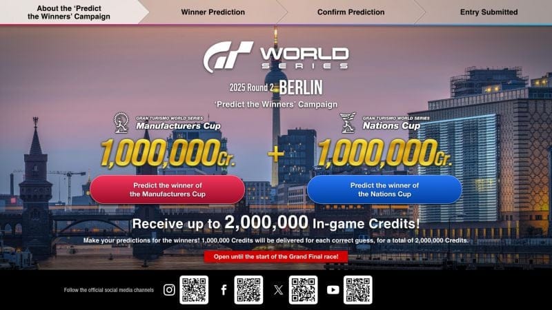 Gagnez jusqu'à 2 000 000 de crédits de jeu en participant à la campagne "Pronostic des vainqueurs" pour l'événement Gran Turismo World Series 2025 - Manche 2 - Berlin ! - World Series - gran-turismo.com