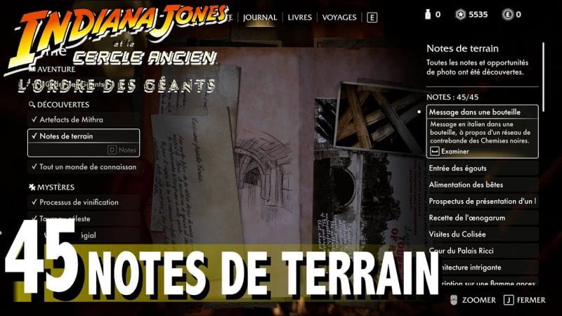 45 NOTES DE TERRAIN ROME - L'ORDRE DES GÉANTS INDIANA JONES