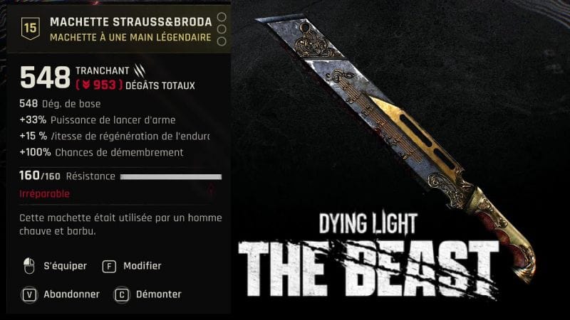 OÙ TROUVER  Machette STRAUSS&BRODA - Arme légendaire  - DYING LIGHT THE BEAST