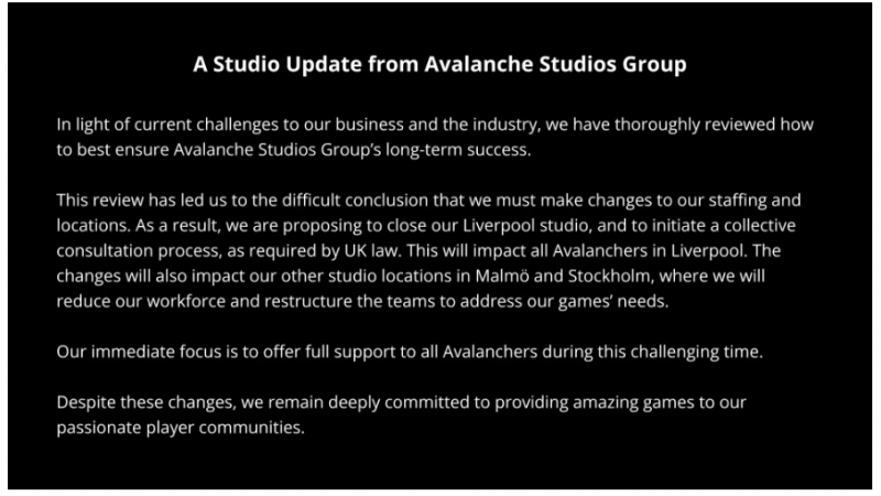 Avalanche Studios ferme son bureau de Liverpool et réduit son personnel en Suède