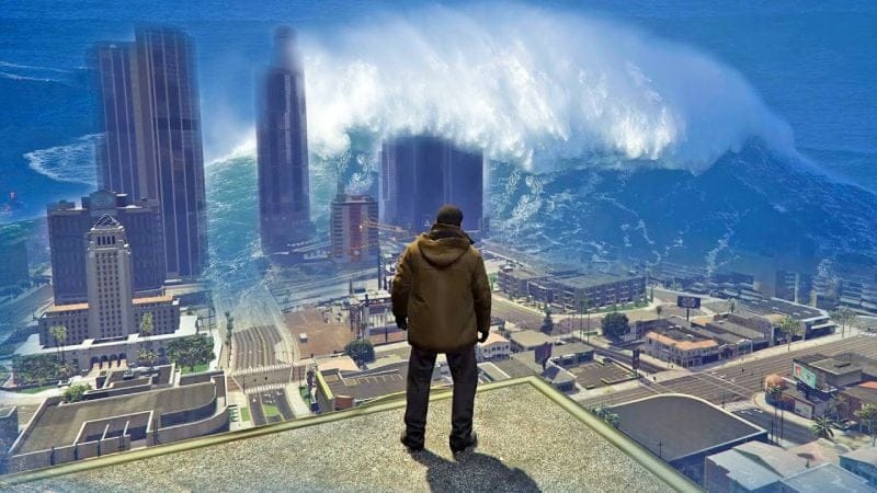 قراند 5 فيضان تسونامي ضخم يجتاح لوس سانتوس | GTA V MEGA Tsunami Flood