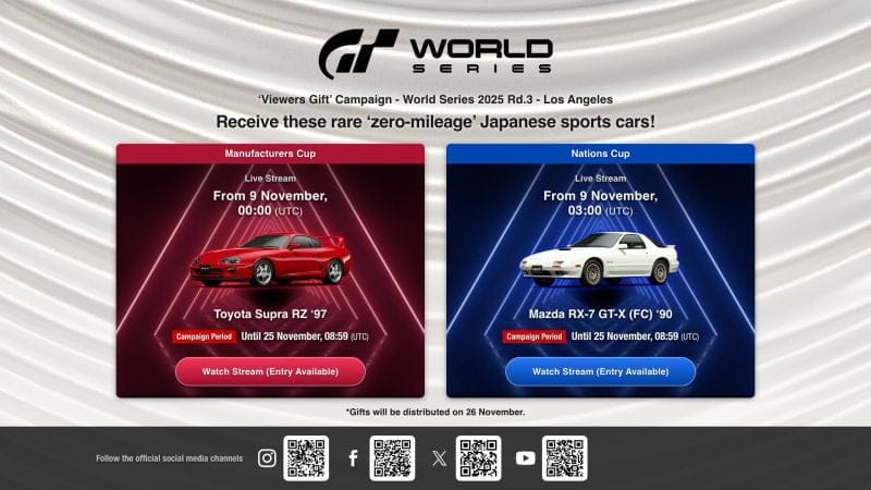Recevez deux tickets de voiture de course japonaise avec zéro kilomètre au compteur rare à l'occasion de la "Campagne de visionnage" pour l'événement Gran Turismo World Series 2025 - Manche 3 - Los Angeles ! - World Series - gran-turismo.com