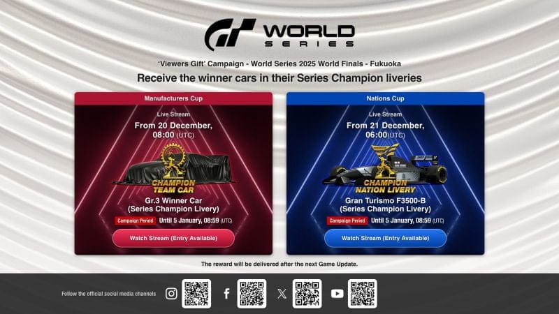 Recevez deux tickets de voiture de course dans la "livrée du champion des séries" avec la "Campagne de visionnage" pour l'événement des Gran Turismo World Series 2025 - Finales mondiales - Fukuoka ! - World Series - gran-turismo.com