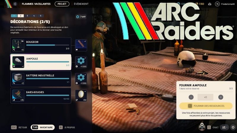 DÉCORATIONS 2/5  - PROJET FLAMMES VACILLANTES Niveau 2 -  ARC RAIDERS