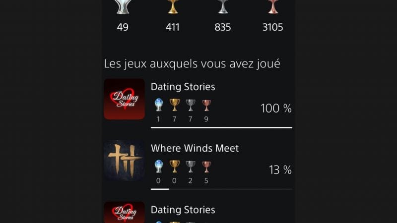 Trophée Platine 49 Dating Story PS5 pas de Drop auto