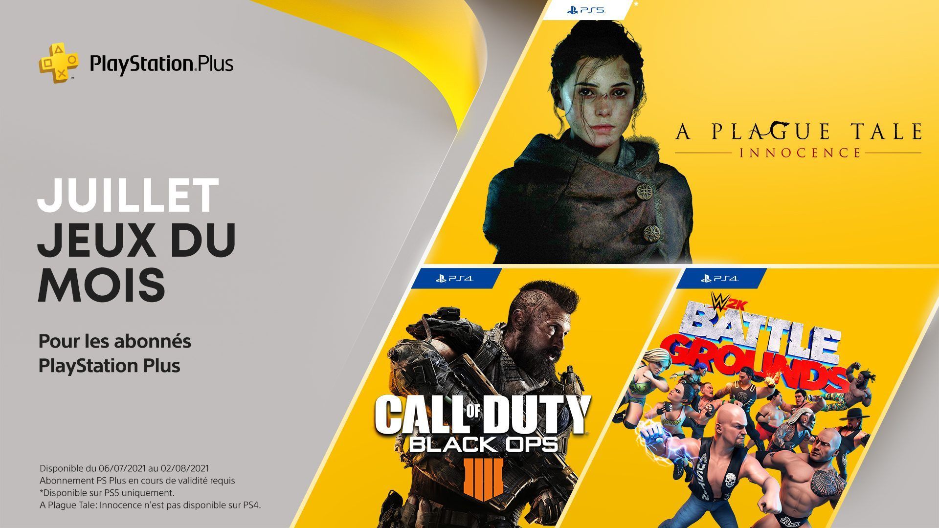 Vos jeux PS Plus du mois de juillet : Call of Duty: Black Ops 4, WWE 2K Battlegrounds et A Plague Tale: Innocence.