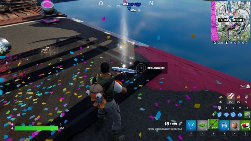 Interagir avec les canons à confettis dans la Bamboche dans Fortnite, défi saison 3, chapitre 3