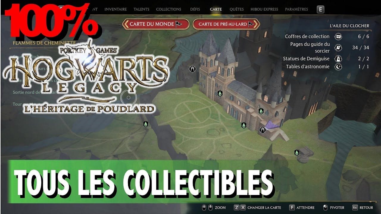 L'AILE DU CLOCHER - TOUS LES COLLECTIBLES COFFRE / PAGE / STATUE  - HOGWARTS LEGACY