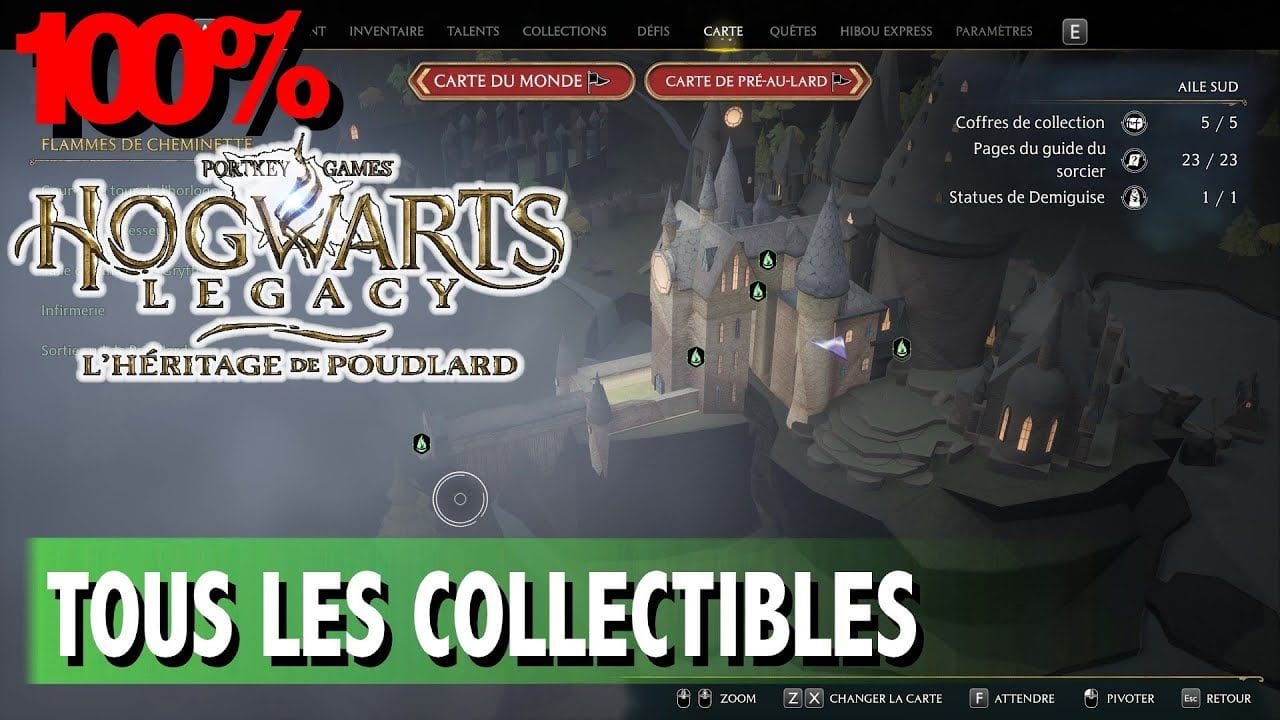 AILE SUD POUDLARD - TOUS LES COLLECTIBLES COFFRE / PAGE / STATUE  - HOGWARTS LEGACY