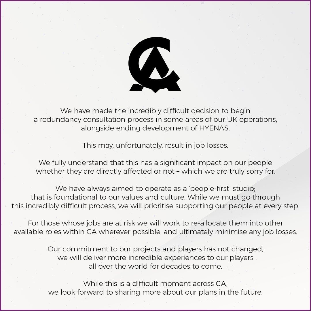 Suite à l’annulation de Hyenas, Creative Assembly devra faire face à des licenciements
