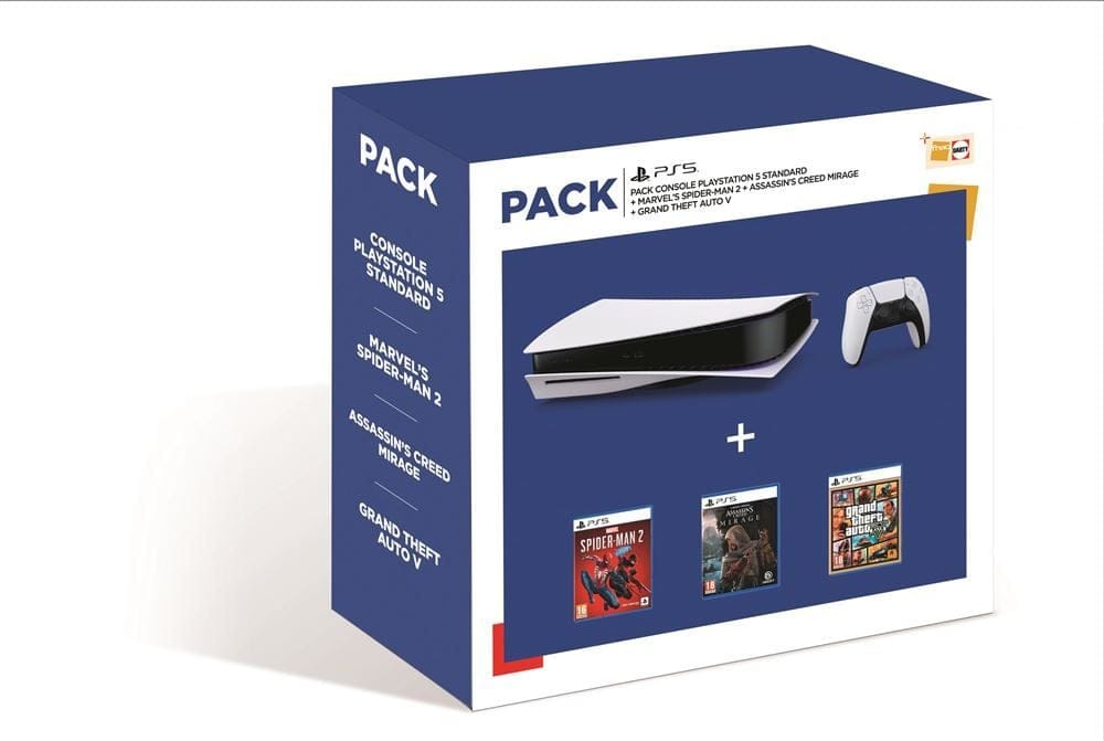 Pack Fnac console PS5 Standard + Marvel's Spider-Man 2 + Assassin’s Creed Mirage + GTA V