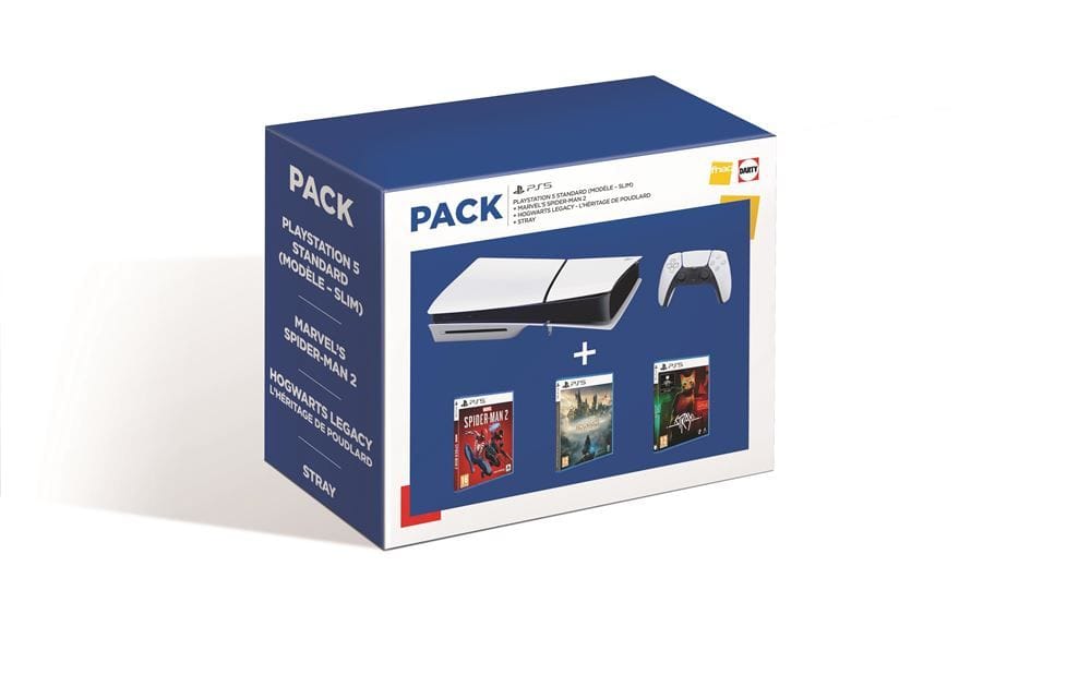 Pack Console Sony PS5 Standard modèle Slim Blanc et Noir + Marvel's Spider-Man 2 + Hogwarts Legacy L'héritage de Poudlard + Stray