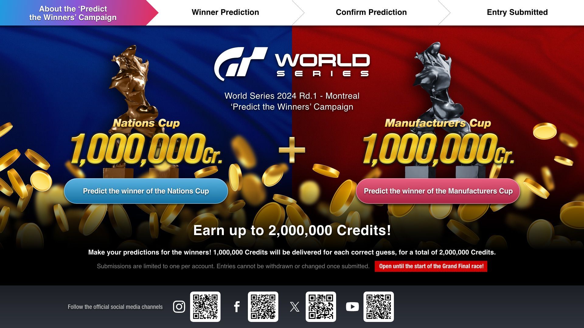 Gagnez jusqu'à 2 000 000 de crédits de jeu en participant à la campagne "Pronostic des vainqueurs" pour l'événement Gran Turismo World Series 2024 - Manche 1 - Montréal !  - Gran Turismo™ 7 - gran-turismo.com