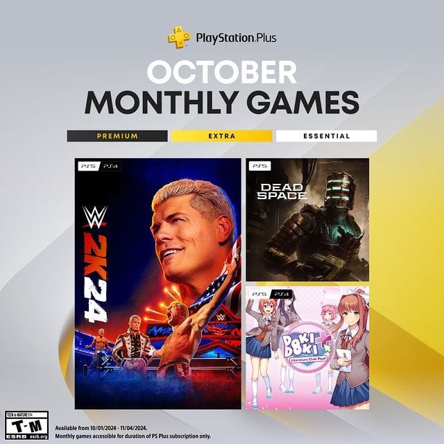 PlayStation on Instagram: "The PlayStation Plus Monthly Games for October are:  🤼 WWE 2K24 🪐Dead Space 📖 Doki Doki Literature Club Plus  All playable October 1. Full details at PlayStation Blog."