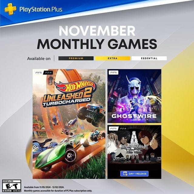PlayStation on Instagram: "The PlayStation Plus Monthly Games for November are:  🏎️ Hot Wheels Unleashed 2 - Turbocharged  👹 Ghostwire: Tokyo ✒️ Death Note Killer Within  All playable November 5. Find out more at PlayStation Blog."