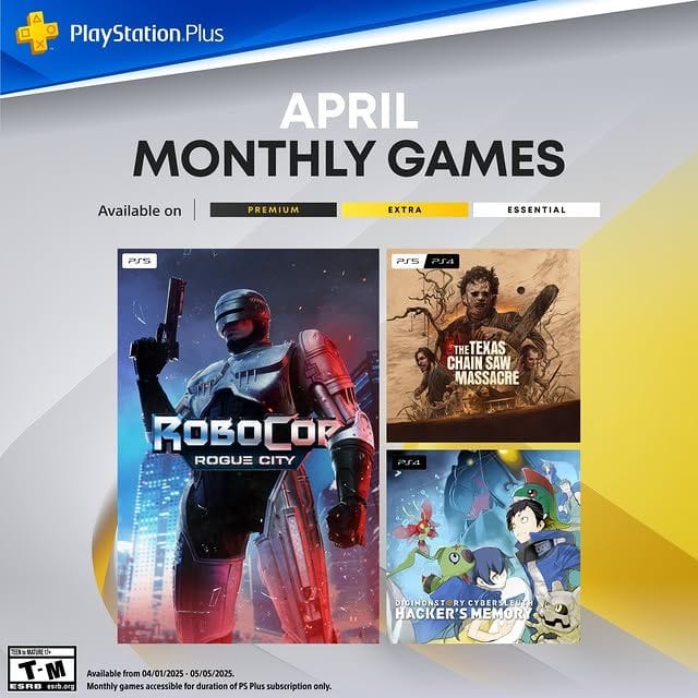 PlayStation on Instagram: "Your PlayStation Plus Monthly Games for April are:   🦾 RoboCop: Rogue City 🪚 The Texas Chain Saw Massacre 🕵️ Digimon Story: Cyber Sleuth – Hacker's Memory  All playable April 1. Full details at PlayStation Blog."