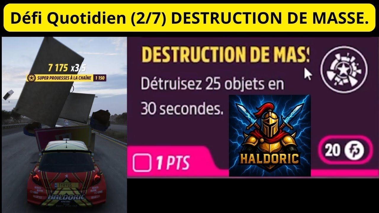 Forza Horizon 5 (FH5) Défi Quotidien (1/7) DESTRUCTION DE MASSE. Détruisez 25 objets en 30 secondes.