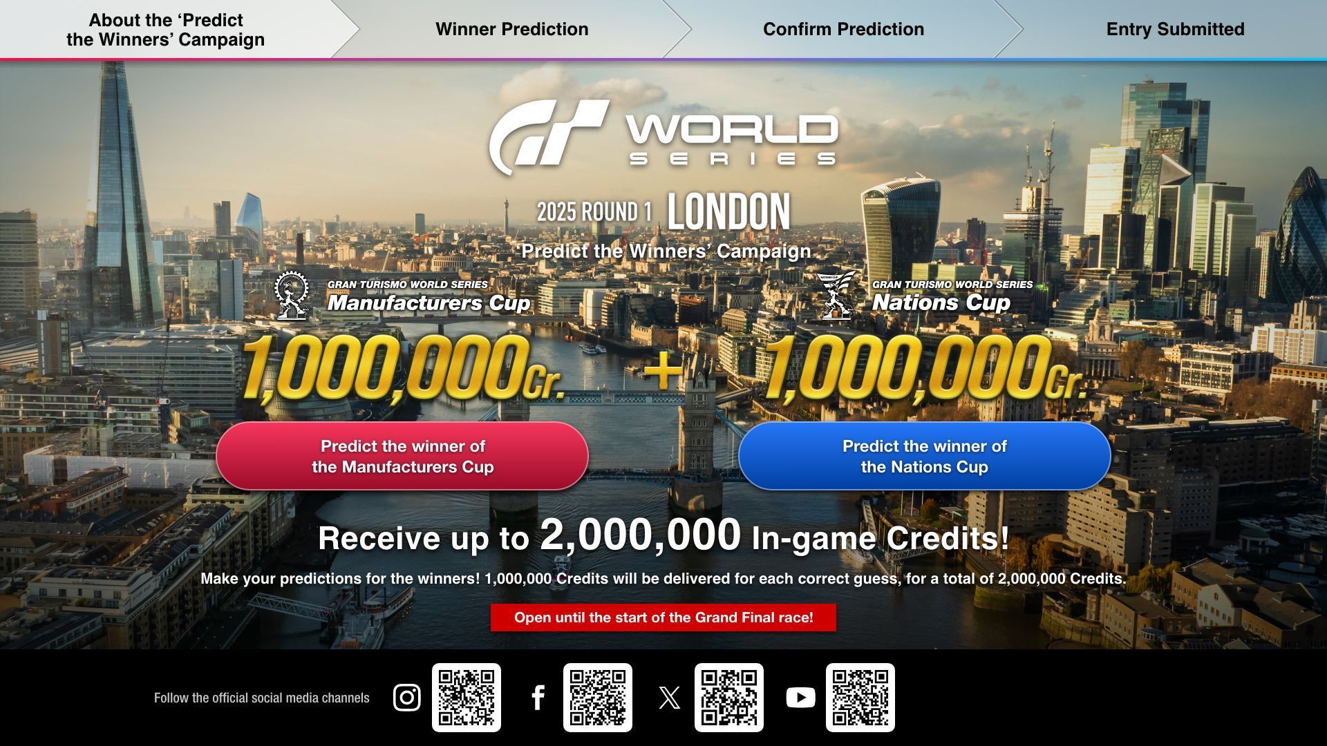 Gagnez jusqu'à 2 000 000 de crédits de jeu en participant à la campagne "Pronostic des vainqueurs" pour l'événement Gran Turismo World Series 2025 - Manche 1 - Londres ! - World Series - gran-turismo.com