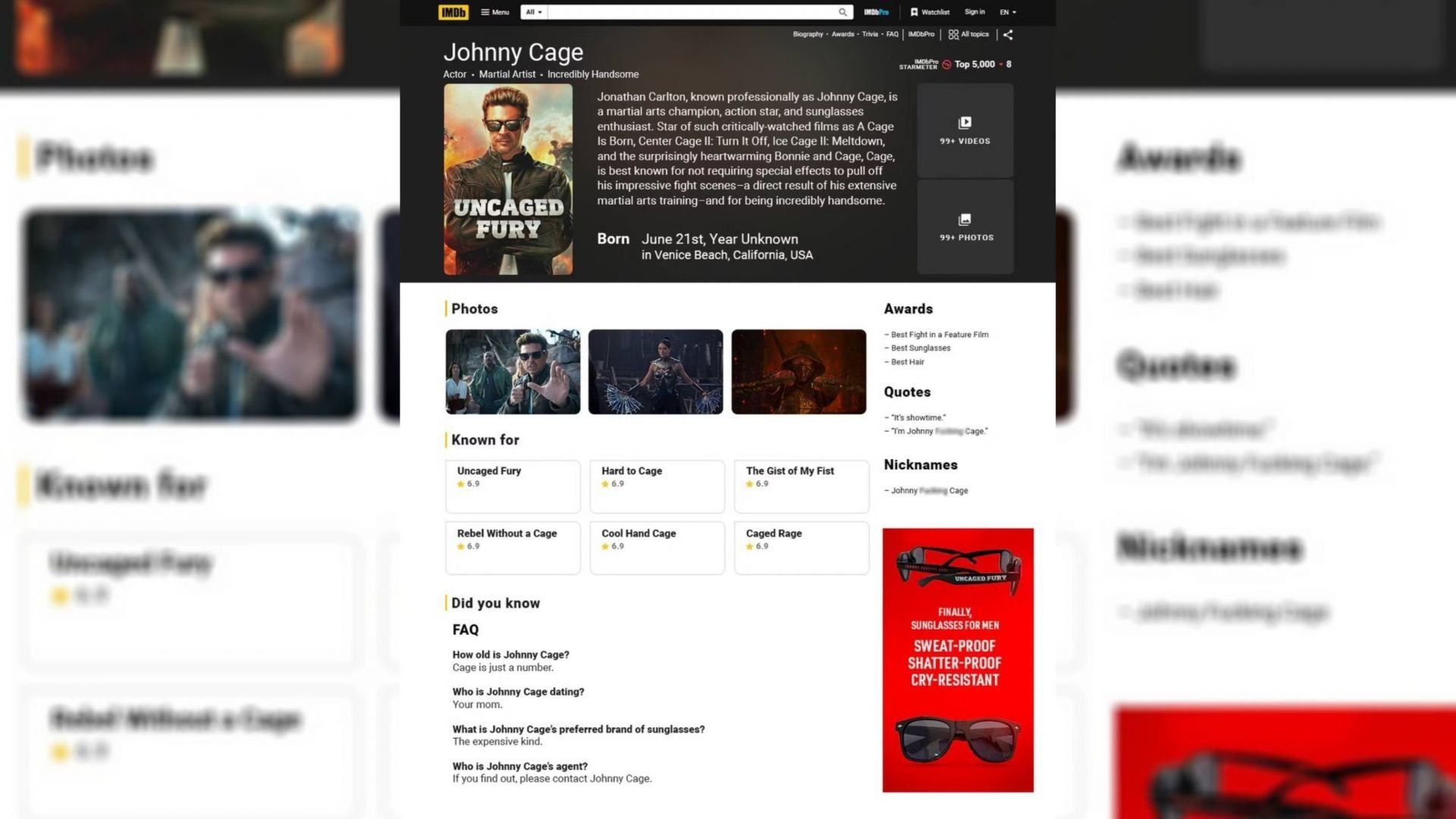 Johnny Cage de Mortal Kombat 2 a son propre profil IMDb