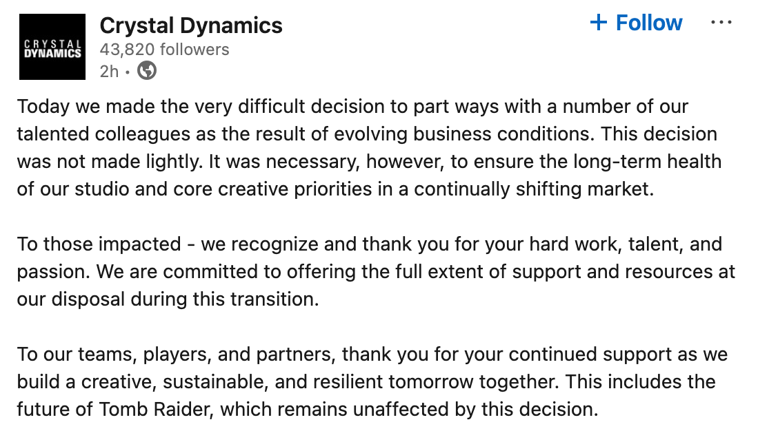 Crystal Dynamics touché par une deuxième vague de licenciements