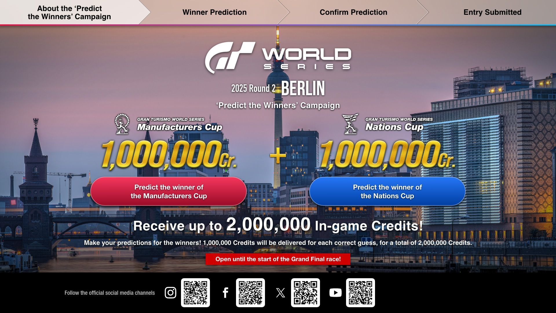 Gagnez jusqu'à 2 000 000 de crédits de jeu en participant à la campagne "Pronostic des vainqueurs" pour l'événement Gran Turismo World Series 2025 - Manche 2 - Berlin ! - World Series - gran-turismo.com