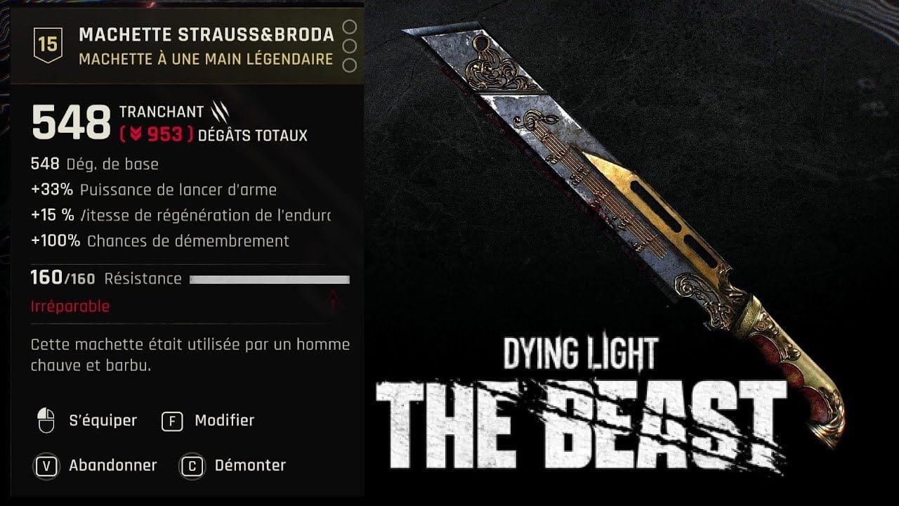 OÙ TROUVER  Machette STRAUSS&BRODA - Arme légendaire  - DYING LIGHT THE BEAST