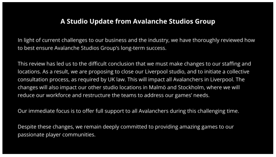 Avalanche Studios ferme son bureau de Liverpool et réduit son personnel en Suède