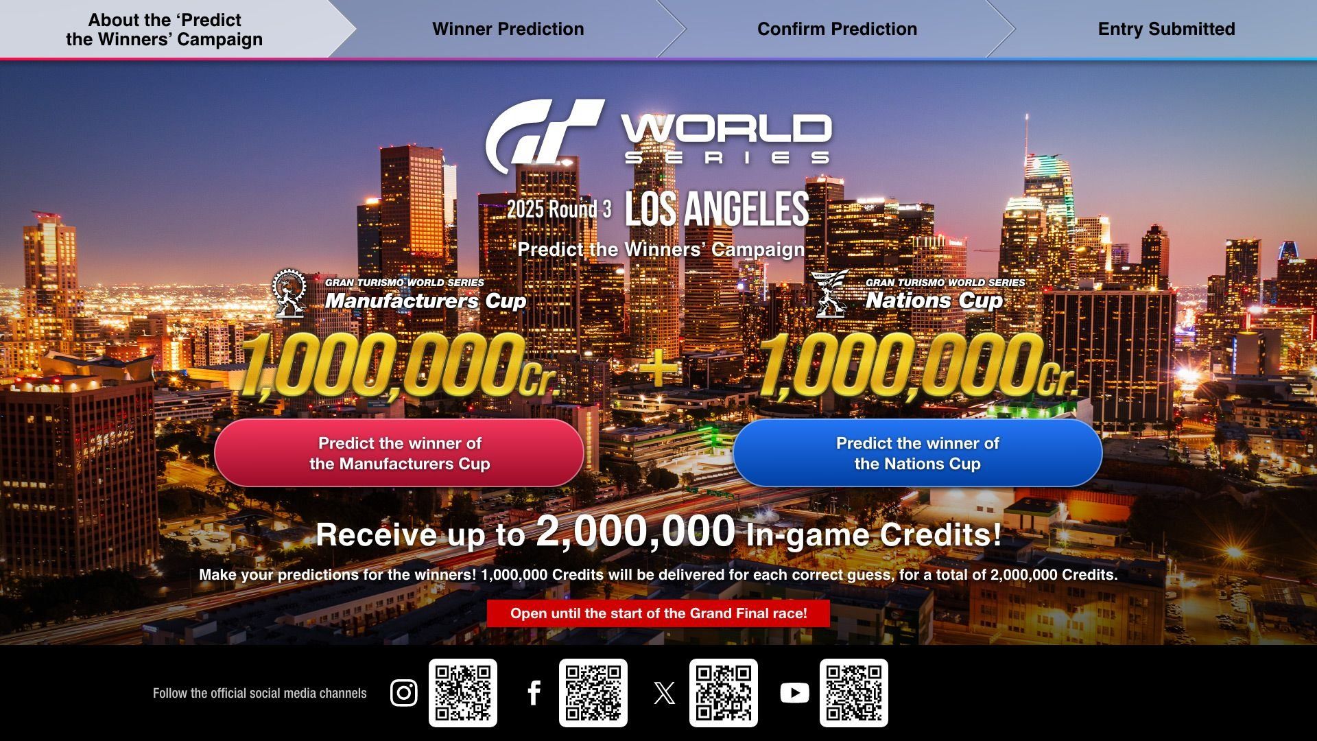 Gagnez jusqu'à 2 000 000 de crédits de jeu en participant à la campagne "Pronostic des vainqueurs" pour l'événement Gran Turismo World Series 2025 - Manche 3 - Los Angeles ! - World Series - gran-turismo.com